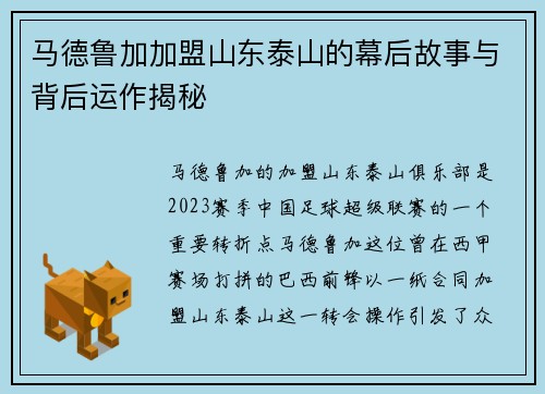 马德鲁加加盟山东泰山的幕后故事与背后运作揭秘 马德鲁加加盟山东泰山的幕后故事与背后运作揭秘