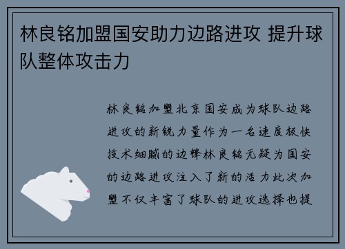 林良铭加盟国安助力边路进攻 提升球队整体攻击力