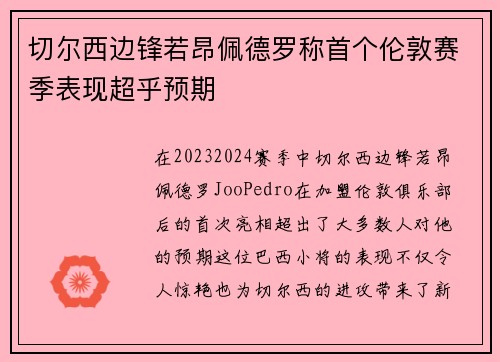 切尔西边锋若昂佩德罗称首个伦敦赛季表现超乎预期