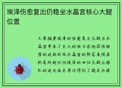埃泽伤愈复出仍稳坐水晶宫核心大腿位置