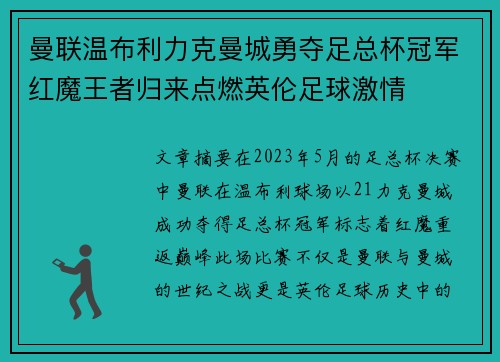 曼联温布利力克曼城勇夺足总杯冠军红魔王者归来点燃英伦足球激情 曼联温布利力克曼城勇夺足总杯冠军红魔王者归来点燃英伦足球激情